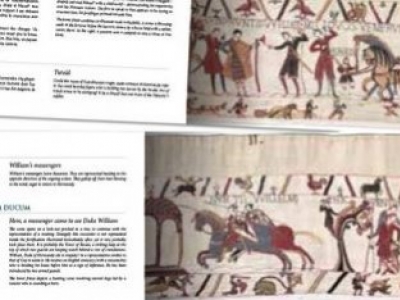 La Tapisserie de Bayeux détaillée dans un livre.